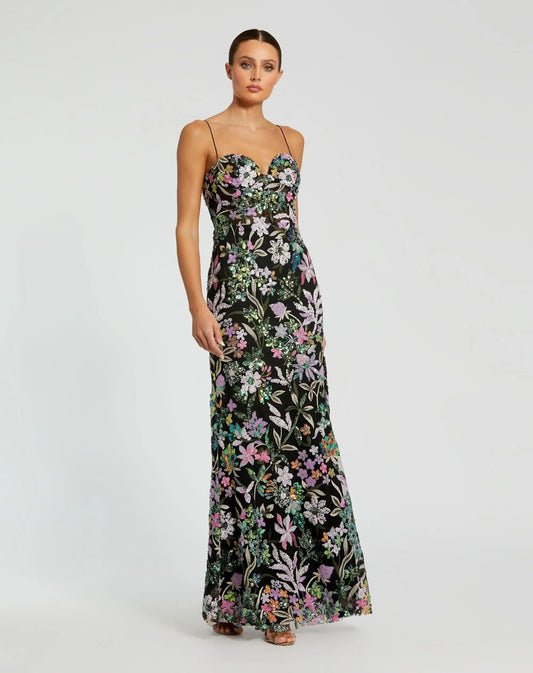Black Multicolor Embroidered Bustier Trumpet Gown