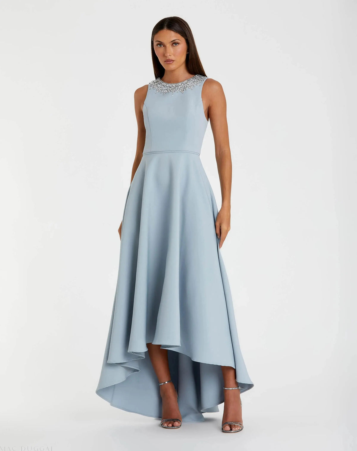 Blue Crepe Embellished Neck High Low Gown