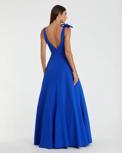 Blue Sleeveless Plunge Neck Ball Gown With Bow Detail