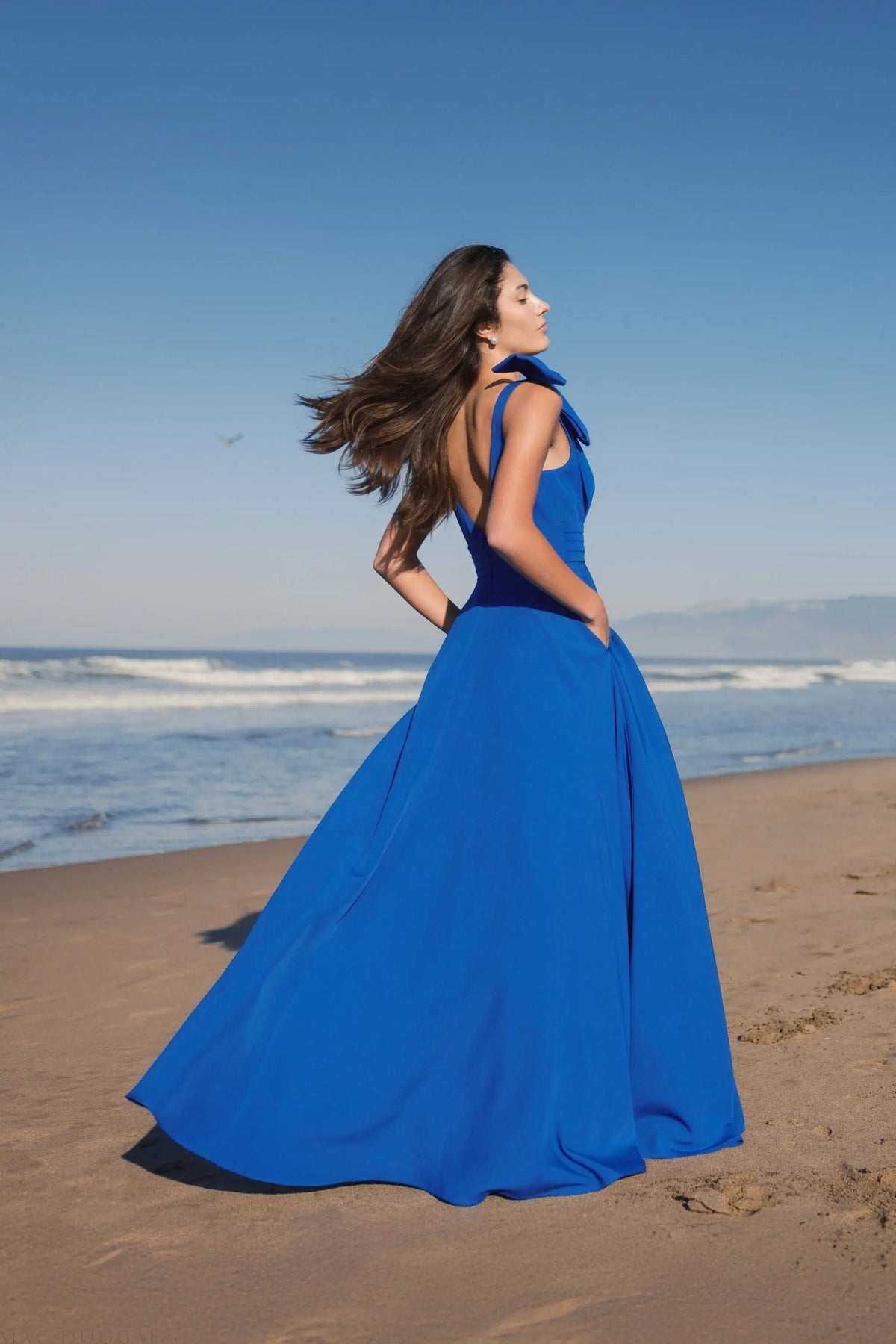 Blue Sleeveless Plunge Neck Ball Gown With Bow Detail