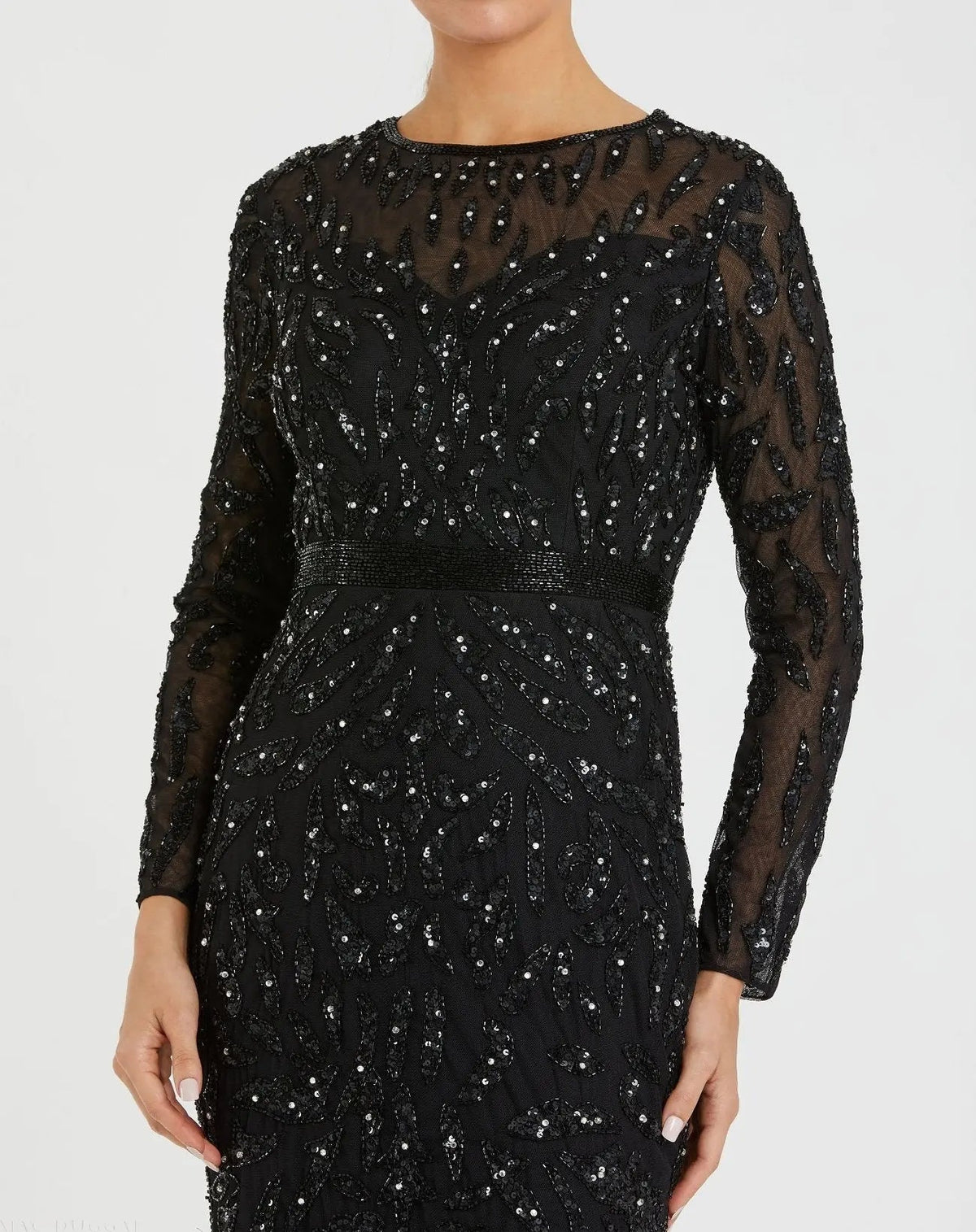 Black Long Sleeve Beaded Evening Gown