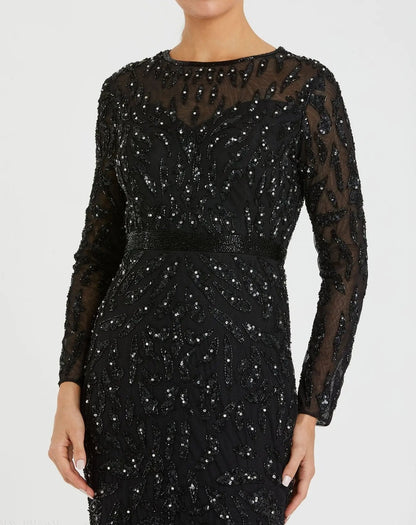 Black Long Sleeve Beaded Evening Gown