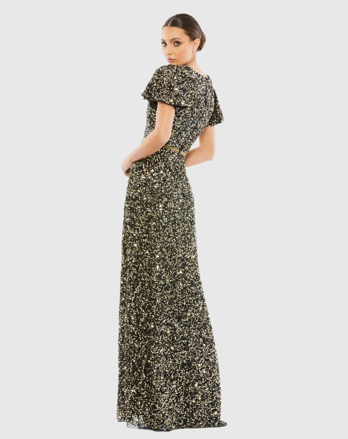 Black and Gold Sequined Wrap Over Butterfly Sleeve Draped Gown