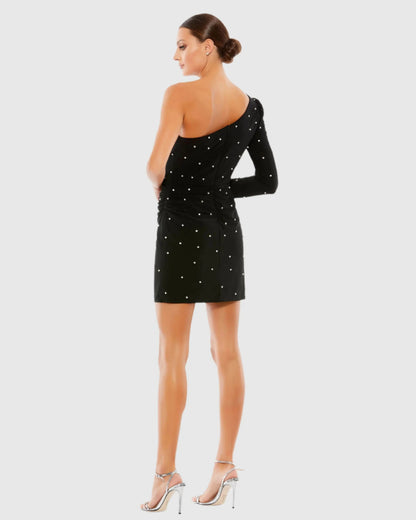 Black Rhinestone Encrusted One Shoulder Long Sleeve Mini Dress