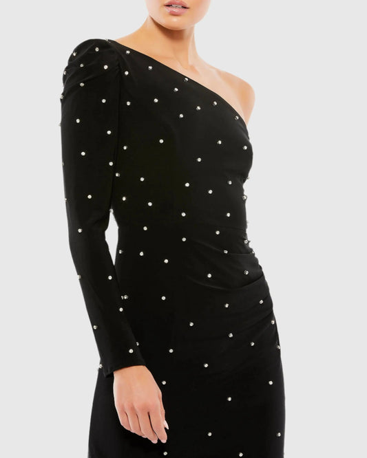 Black Rhinestone Encrusted One Shoulder Long Sleeve Mini Dress