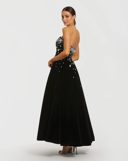 Black Velvet Strapless A-Line Midi Dress with Embellishments