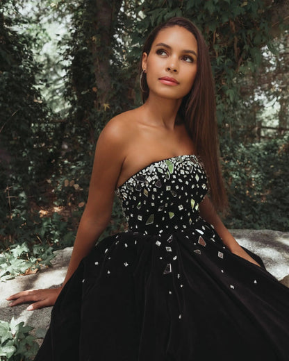 Black Velvet Strapless A-Line Midi Dress with Embellishments