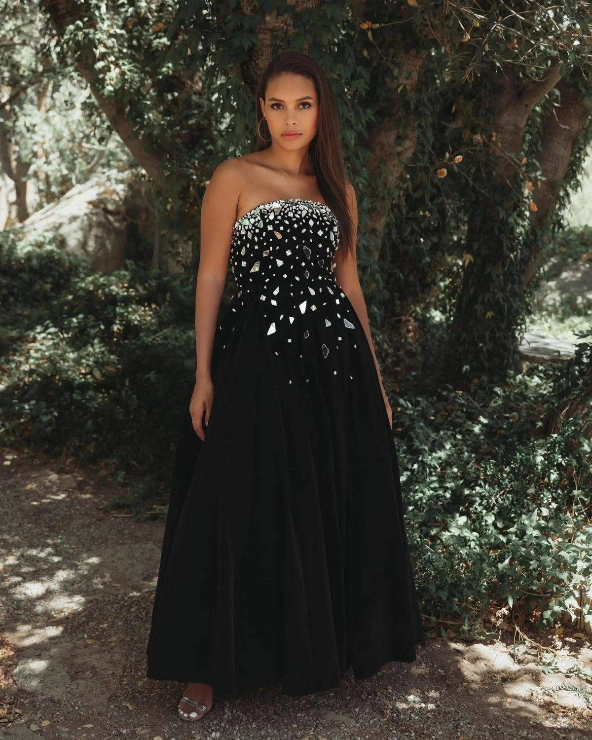 Black Velvet Strapless A-Line Midi Dress with Embellishments