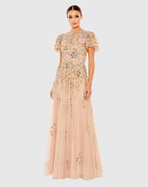 Embellished Butterfly Sleeve High Neck Gown