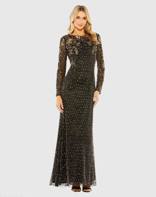 Black High Neck Long Sleeve Embellished Gown