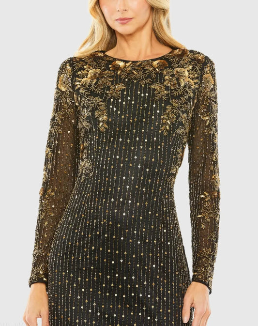 Black High Neck Long Sleeve Embellished Gown