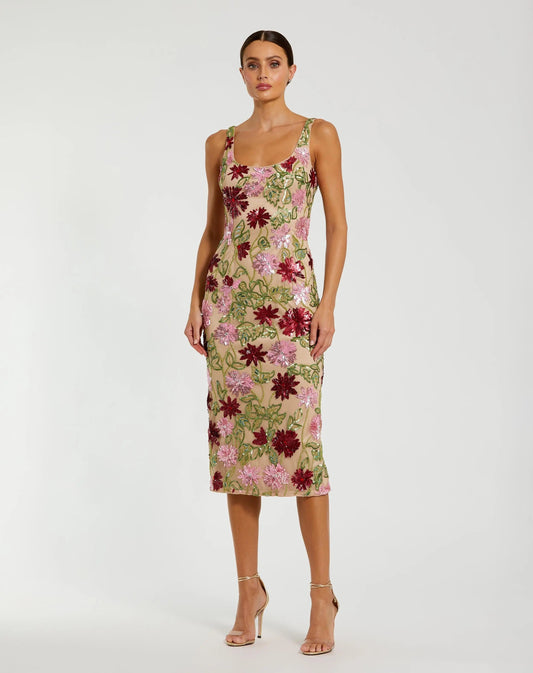 Beige Floral Beaded Scoop Neck Midi Dress