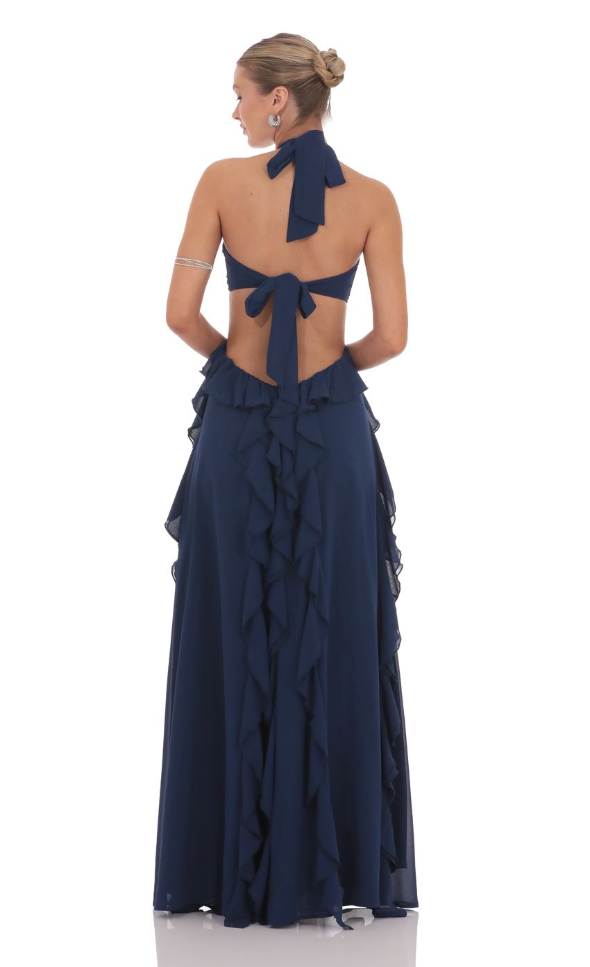 Chiffon Cutout Ruffle Maxi Dress in Navy