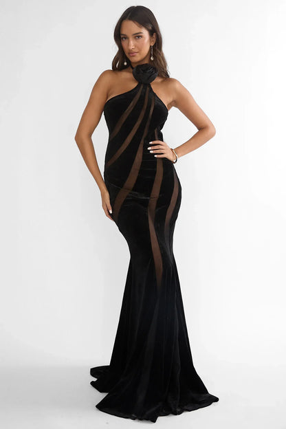 Azelia Velvet Mesh Maxi Dress Black