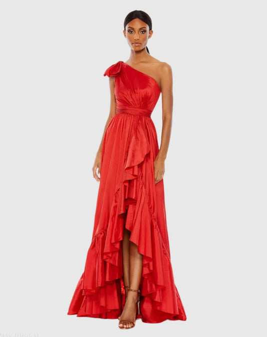 Bow One Shoulder Ruffle Asymmetrical Hem Gown