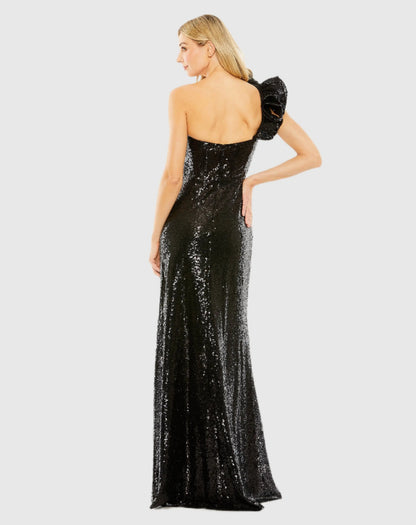 Black Sequin Ruffled One Shoulder Gown