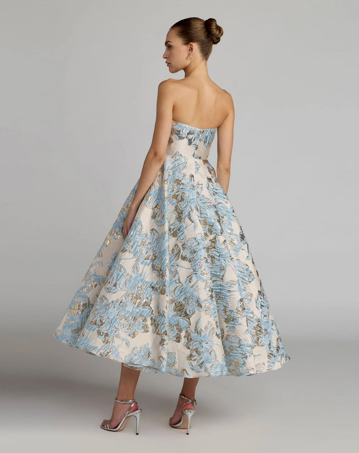 Blue And White Strapless Brocade Midi Dress With Pockets