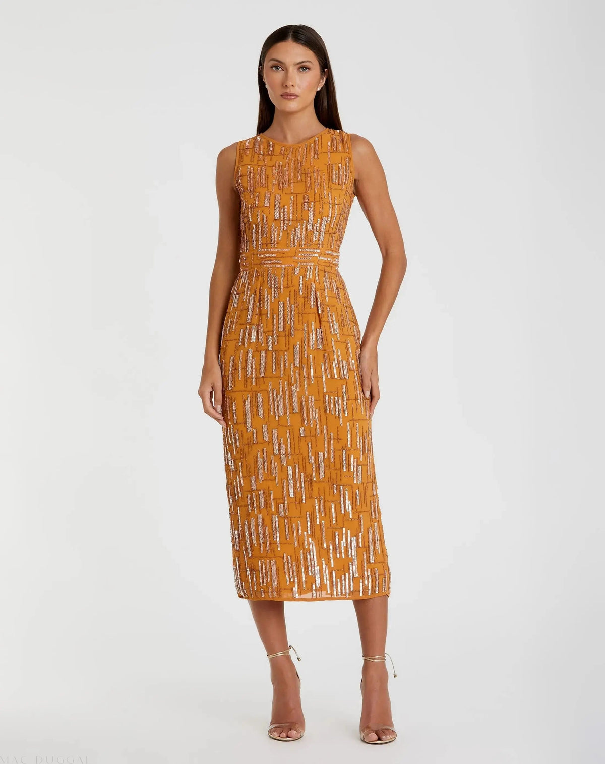 Abstract Beaded Sleeveless Midi Sheath Dress