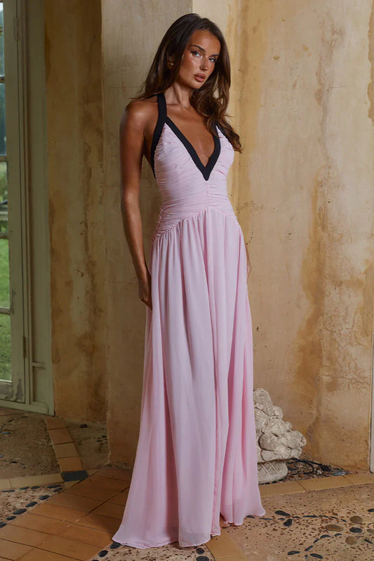 CAROLINA HALTER RUCHED MAXI DRESS - MUSK