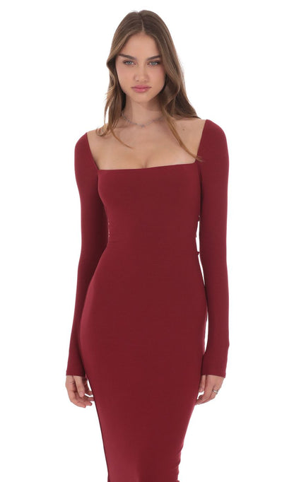 Cinch-Tie Ribbed Maxi Dress in Burgundy
