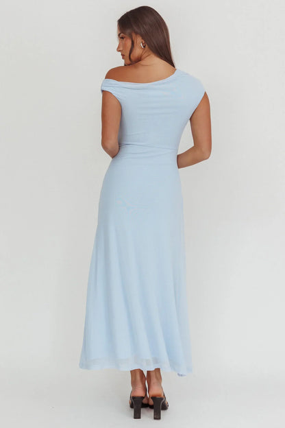 Azure Sun Asymmetric Neckline Split Maxi Dress Blue