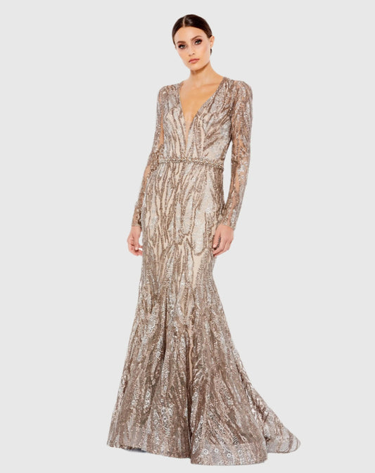 Beige Embellished Long Sleeve Plunge Neck Trumpet Gown