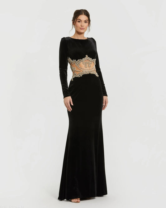 Black Long Sleeve Sheer Embellished Velvet Gown