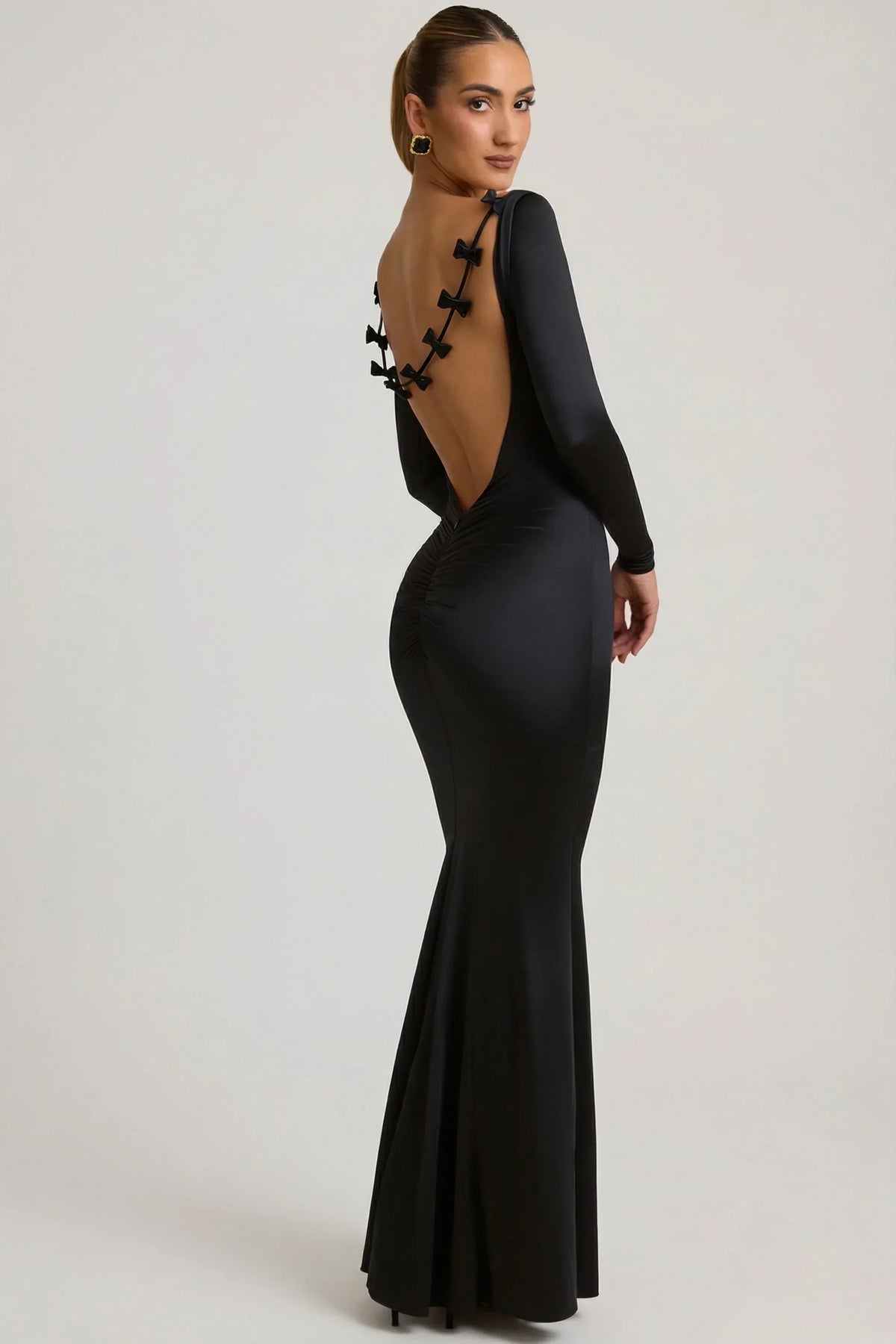 Bow-Detail Ruched Maxi Dress in Black