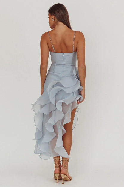 Charmayne Asymmetric Ruffle Trim Maxi Dress Blue
