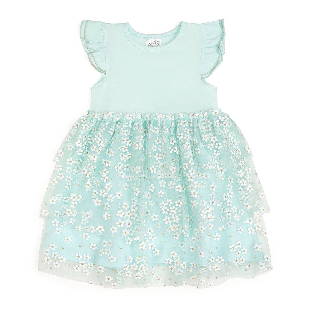 Aqua Ditsy Daisy Easter Tiered Short Sleeve Tutu Dress