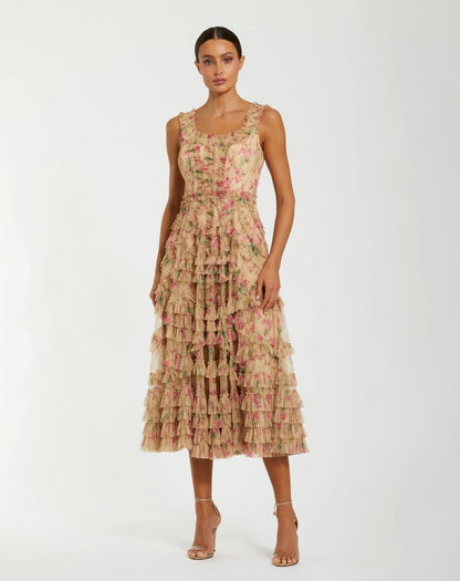 Beige Floral Printed Sleeveless Ruffle Midi Dress