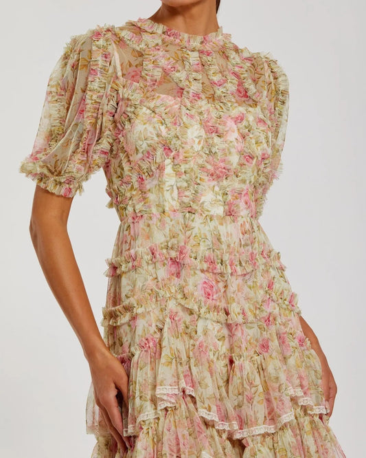 Beige Floral High Neck Midi Dress with Lace Trim