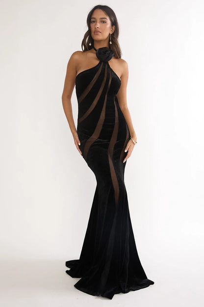 Azelia Velvet Mesh Maxi Dress Black