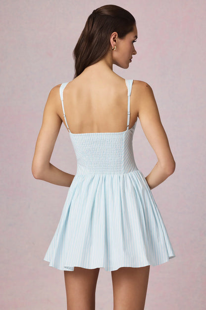 Bow-Detail A-Line Mini Dress in Powder Blue Stripe