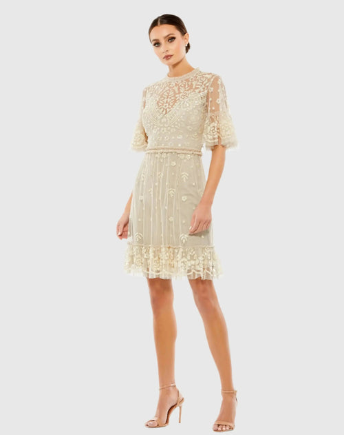 Beige Embellished Illusion High Neck Mini Dress