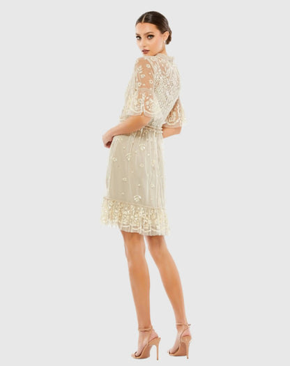 Beige Embellished Illusion High Neck Mini Dress