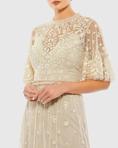 Beige Embellished Illusion High Neck Mini Dress