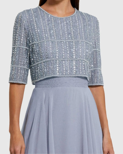 Blue Chiffon Gown w/ Fully Beaded 3/4 Sleeve Top