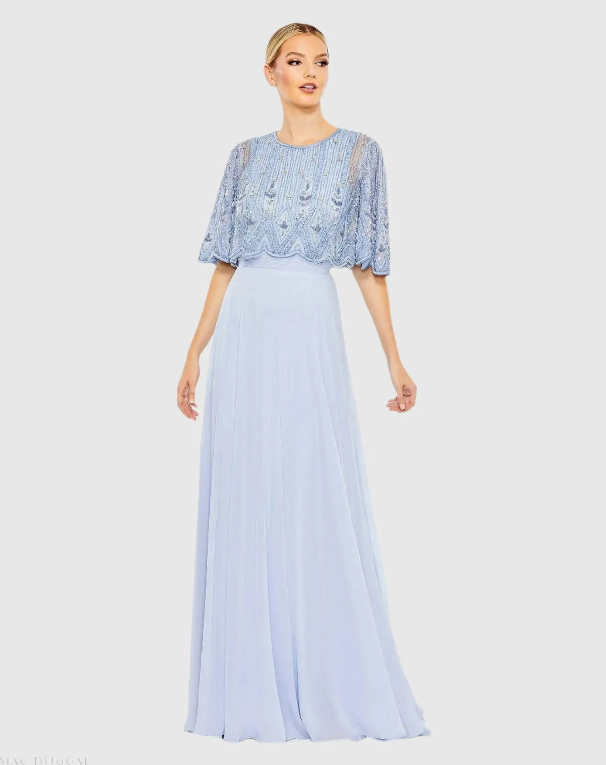 Blue Beaded Cape A-Line Gown
