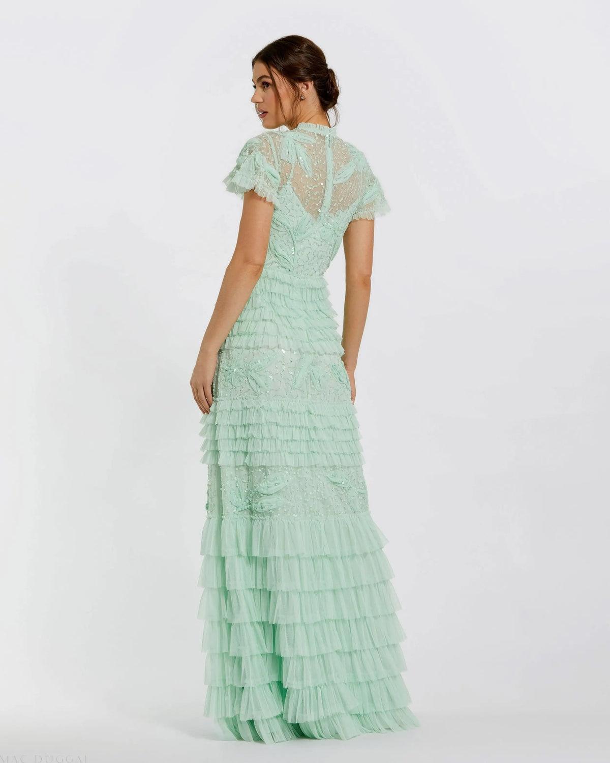Green Beaded Mesh High Neck Micro Ruffle Gown