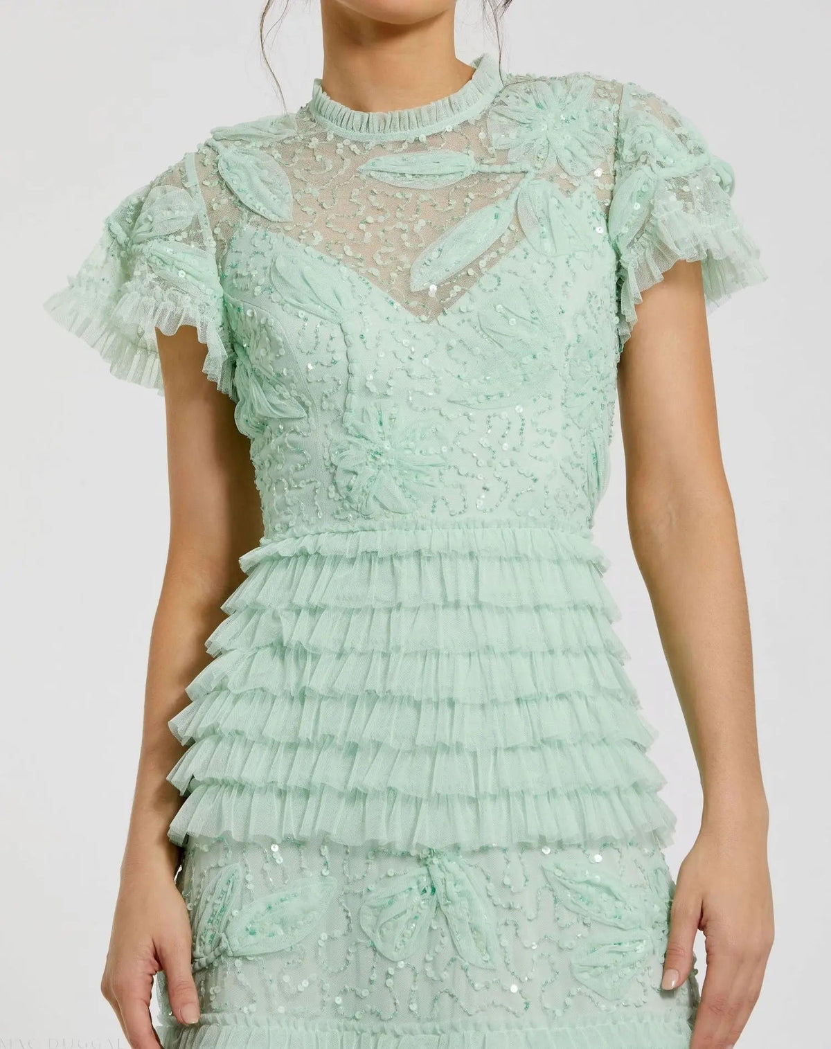 Green Beaded Mesh High Neck Micro Ruffle Gown
