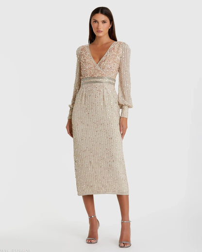 Beige Sequined V Neck Bishop Sleeve Dress