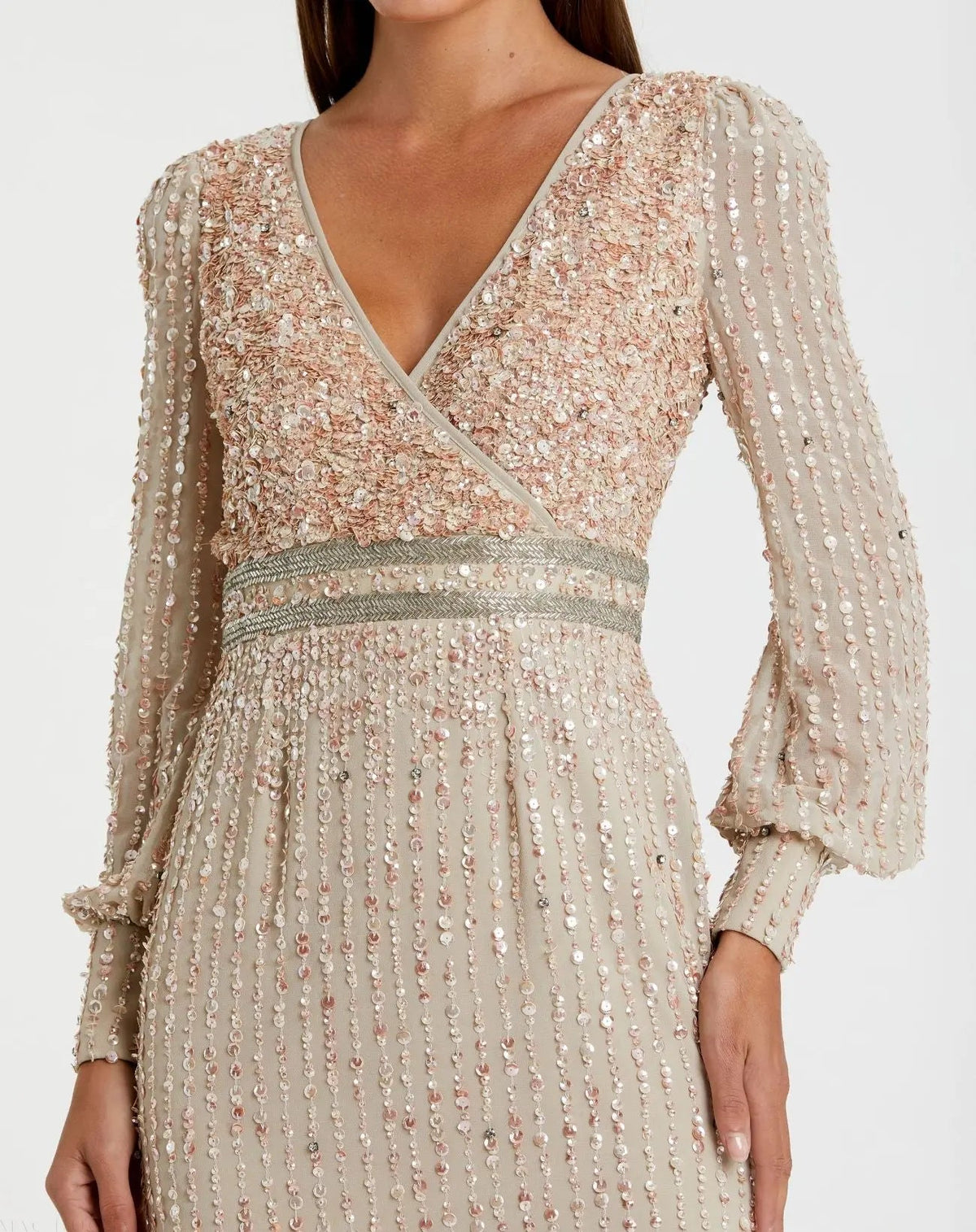 Beige Sequined V Neck Bishop Sleeve Dress
