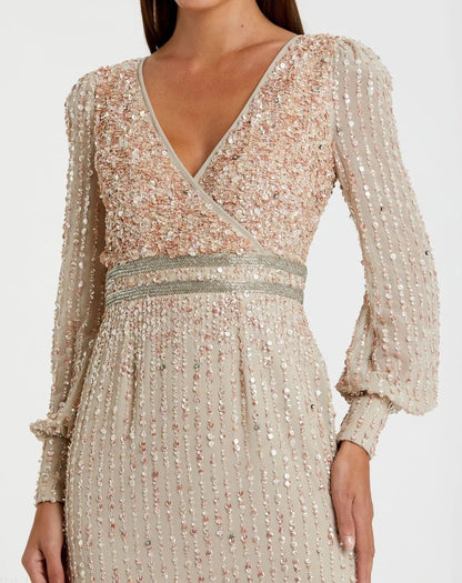 Beige Sequined V Neck Bishop Sleeve Dress