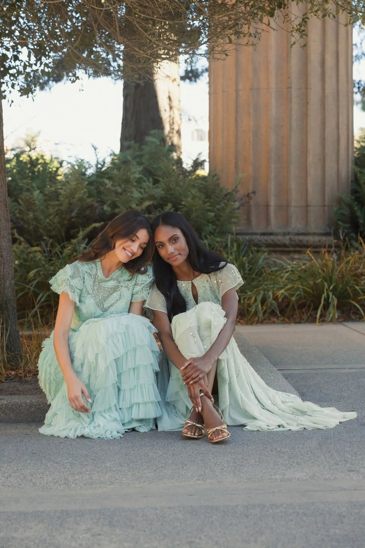Green Beaded Mesh High Neck Micro Ruffle Gown