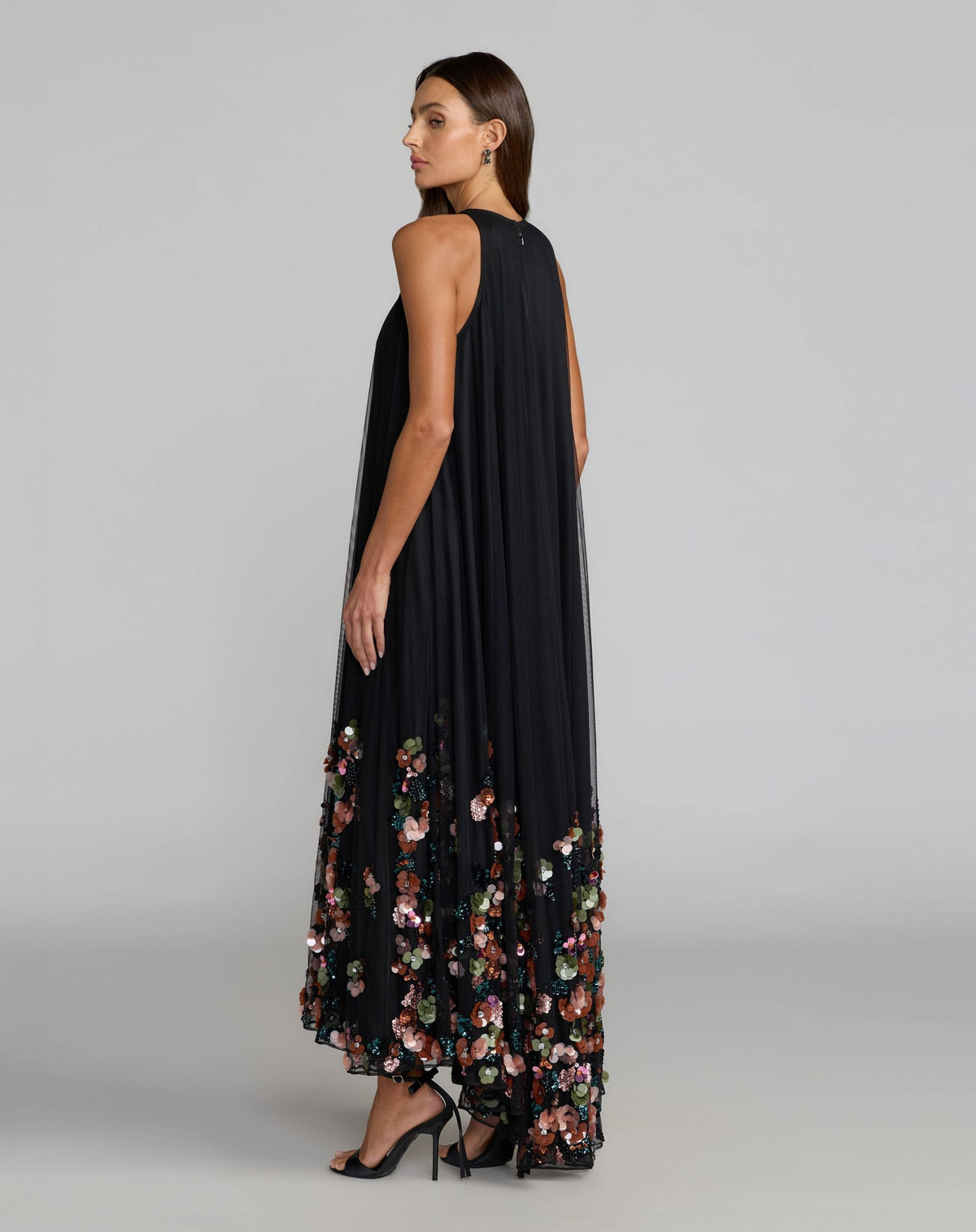 Black Sequin Embellished Sleeveless High Low Gown
