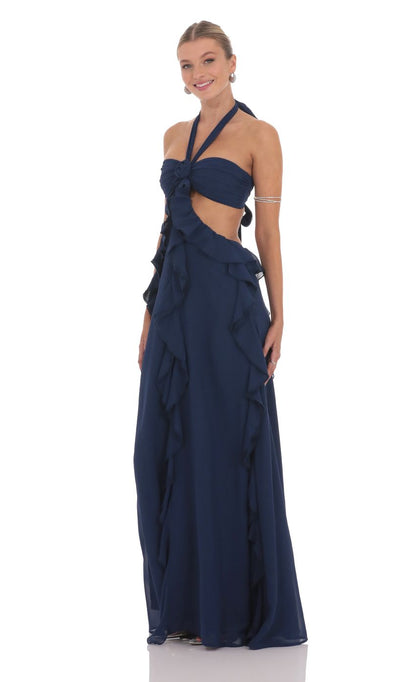 Chiffon Cutout Ruffle Maxi Dress in Navy