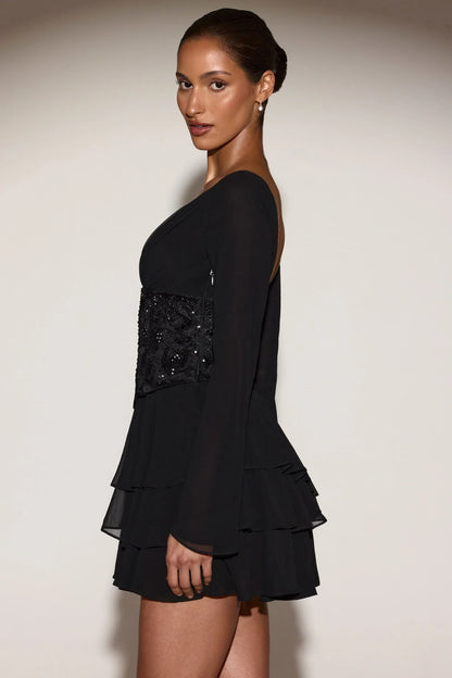 Chiffon Embellished Corset A-line Mini Dress in Black