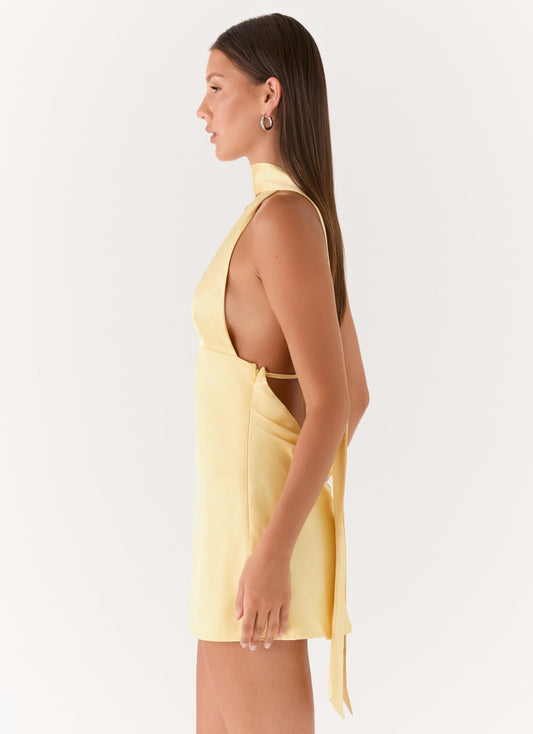 Alicia Satin Halter Mini Dress - Pastel Yellow