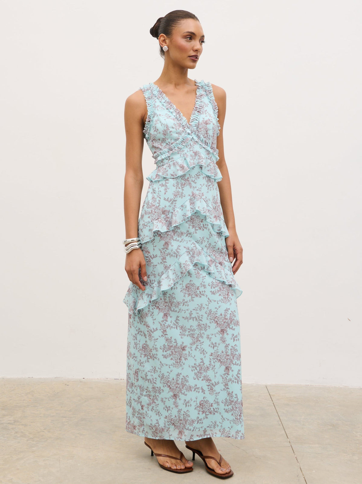 Aurelia Ruffle Maxi Dress - Seaspray and Brown Floral